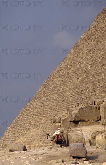 EGYPT, , Cairo, Chephren (Khafre) Pyramid with man on camel at the base