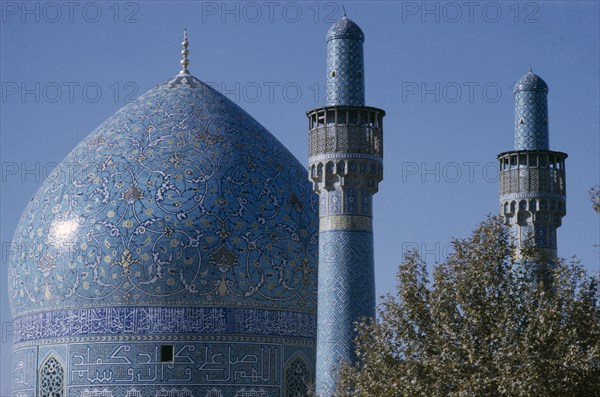 IRAN, Esfahan, Detail of Mosque dome and towers Esfahan  Isfahan