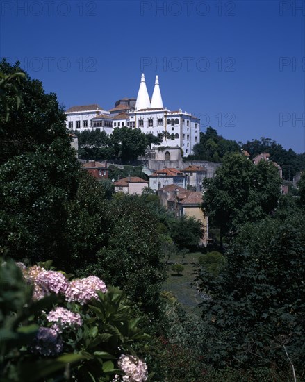 PORTUGAL, Estremadura, Sintra, "National Palace with twin roof towers, houses and trees beneath palace wall"