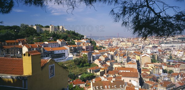 PORTUGAL, Estremadura, Lisbon, "Panoramic city view with St. George's Castle, River Tagus and 25th April Bridge behind "