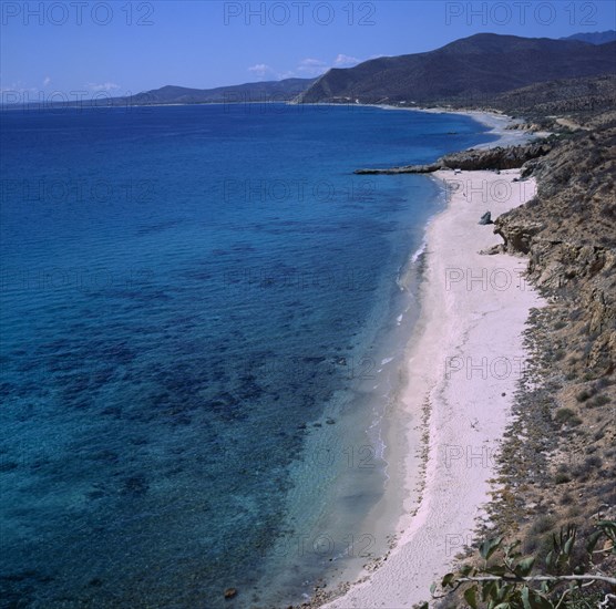 MEXICO, Baja California , Sur, Santiago near Los Barries. vVew over sandy beach and blue sea