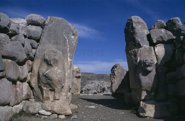 TURKEY, Corum, Bogazkale, "The Lions Gate.  Village is the site of Hattusas or Hattousha, capital of the Hittite empire in Anatolia c. 1400 -1190 BC.  World Heritage Site. Unesco World Heritage site"