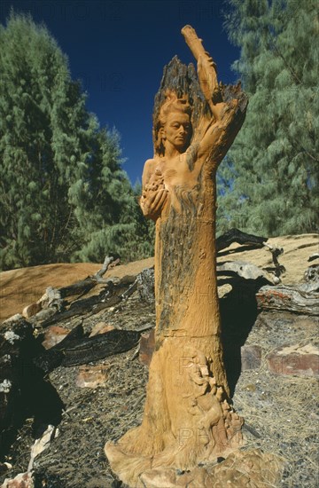 AUSTRALIA, Northern Territories, Alice Springs, William Ricketts wooden sculpture of nature guardian.