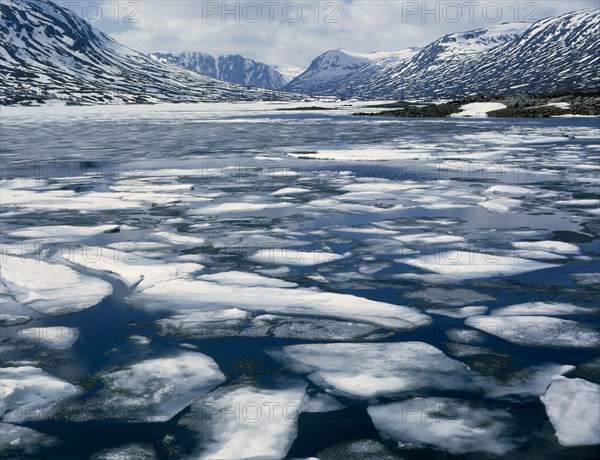 NORWAY, Romsdal, "Geiranger Fjord - Spring,melting ice,snowy mountains behind "