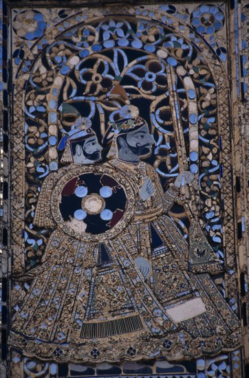 INDIA, Rajasthan, Udaipur, City Palace. Mural detail.