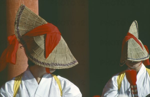 JAPAN, Miyajima, Dancers in costume for autumn sake harvest festival.