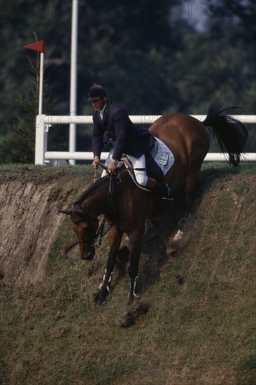 10038993 SPORT Equestrian  Show Jumping Nick Skelton coming down the Derby bank at Hickstead on bay horse.