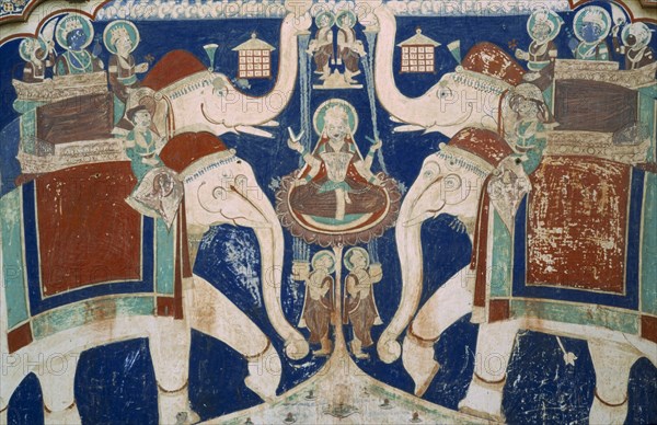 INDIA, Rajasthan , Shekawati Region, Fatehpur. Close up detail of colourful old mural depicting elephants