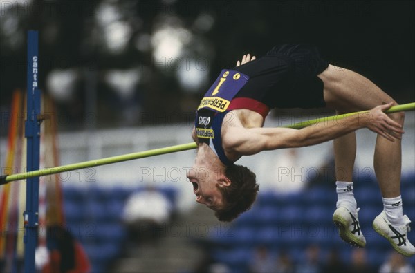 SPORT, Athletics, High Jump,  British high jumper Steve Smith arched backwards as he clears pole at Crystal Palace in 1996