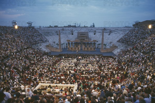 ITALY, Lombardy Amphi-theatre, Verona , The Amphitheatre with a performance of the opera Aida in progress