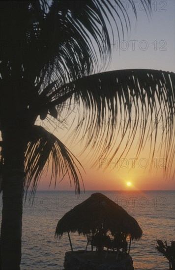 WEST INDIES, Jamaica, Negril, Ricks Cafe at sunset through coconut palm with tourists sitting under thatched sun shade