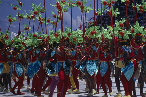 WEST INDIES, Barbados, Festivals, "Kadooment Day or Crop Over, the sugar cane harvest festival held in August.  Dancers in colourful costume. "