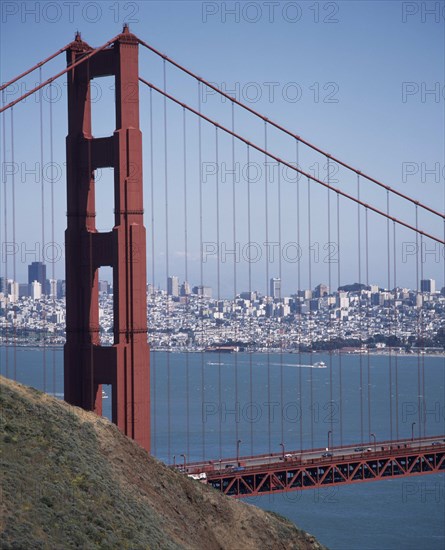 USA, California, San Fransisco, Golden Gate Bridge general view with the city in the distance.