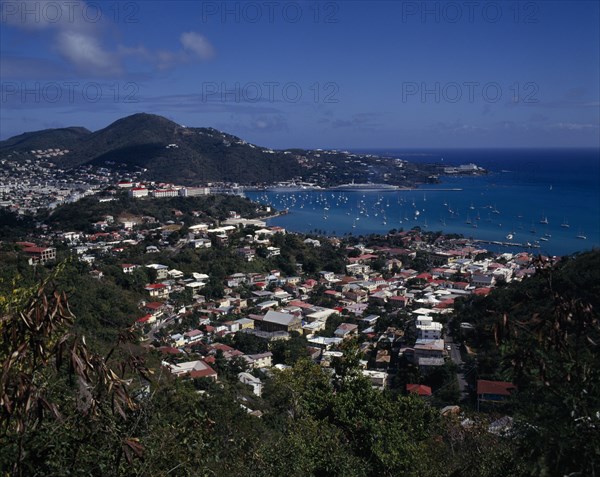 US VIRGIN ISLANDS, St Thomas, Charlotte Amalie. View overlooking the town and bay houses