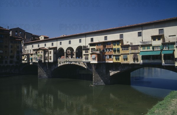 ITALY, Florence, Arno River , "The Ponte Veccio, Old Bridge, with shops, mainly jewellers, built along it."