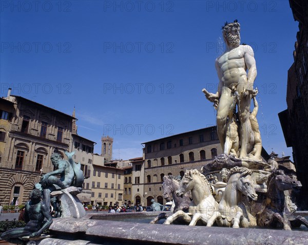 ITALY, TUSCANY Florence, " TUSCANY Florence    (7x6) Piazza della Signoria, Neptune Fountain, people in square, houses "