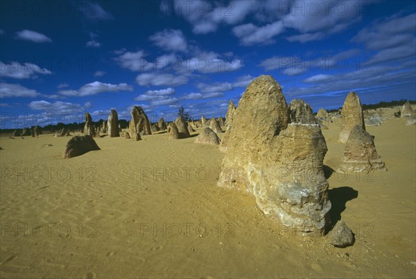 AUSTRALIA, Western Australia, Nambung National Park, Rock pinnacles in desert landscape.