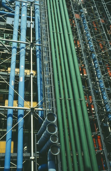 FRANCE, Ile de France, Paris, View looking up at exterior detail of the Pompidou Centre Beaubourg