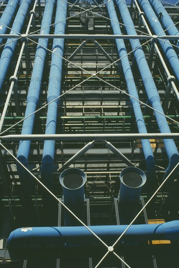 FRANCE, Ile de FRance, Paris, View looking up at exterior detail of the Pompidou Centre Beaubourg