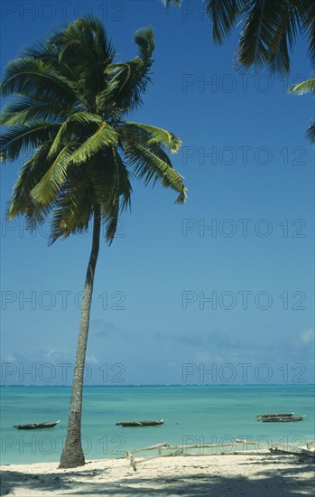 TANZANIA, Zanzibar Island, Jambiani Beach.  Empty beach with boats moored offshore and palm trees in foreground.