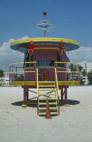 USA, Florida, Miami Beach, Circular lifeguard tower on beach.