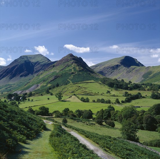 ENGLAND, Cumbria, Lake District, Newlands Valley.  View south west from near Little Town towards Hindscarth and Robinson.