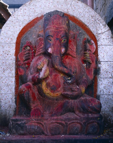 NEPAL, Kathmandu , Temple carving depicting the elephant headed god Ganesh.