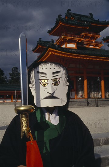 JAPAN, Honshu, Kyoto, The Oni Devil at the Heian Shrine during the Stsubun Bean Throwing Festival