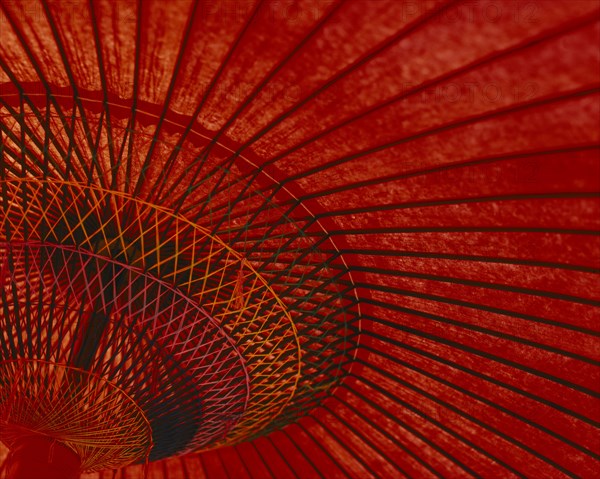 JAPAN, Craft, Traditional red bamboo umbrella detail