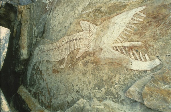 AUSTRALIA, Northern Territory, Arnhem Land, Aboriginal cave painting of a Rainbow serpent