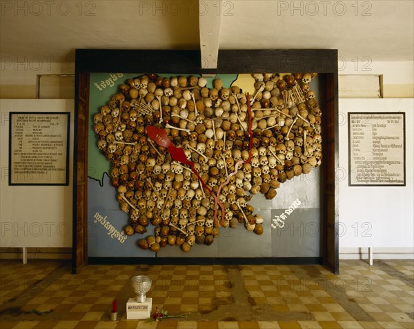CAMBODIA, Phnom Penh, Security Prison 21 during the regime of Pol Pot now Tuol Sleng Museum.  Interior with map of Cambodia made from the skulls and bones of victims of the Khmer Rouge