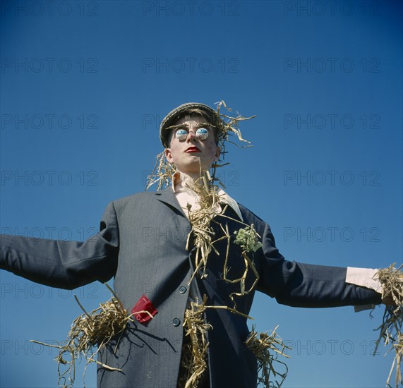 AGRICULTURE, Scarecrow, Human scarecrow with straw stuffed jacket.