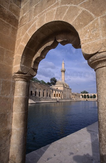 TURKEY, Urfa, Sanliurfa , Rizvaniye Camii and fish lake seen through stone archway
