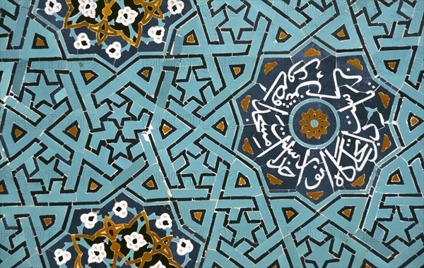 IRAN, Yazd, Kerman Friday mosquor Masjed e Jame mosque Tile detail.
