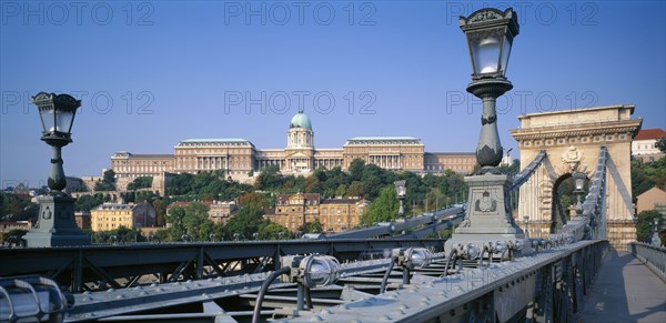 HUNGARY, Budapest , View across Chain Bridge to waterfront buildings