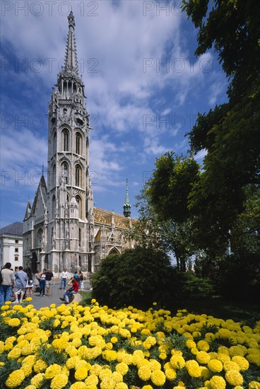 HUNGARY, Budapest , Matthias Church with flower bed full of yellow dahlias in the foreground.