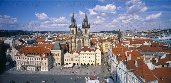 CZECH REPUBLIC, Stredocesky, Prague, View over city including Tyn Church and Old Town Square in the foreground.