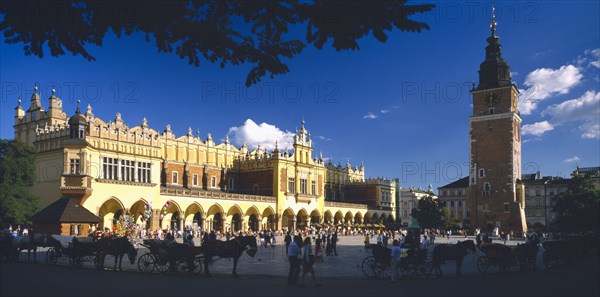 POLAND,  , Krakow , Rynek Glowny or Grand Square and sixteenth century Renaissance Cloth Hall covered market.
