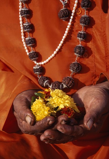 INDIA, Maharashtra, Nasik, Cropped shot of figure in orange robes and wearing prayer beads.  Close up of hands holding marigold flowers for votive offering.