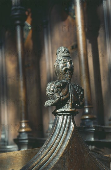 CHURCH, Interior, Details, "Boston Stump, Boston Choir Stalls. Detail of elaborate wooden carving"