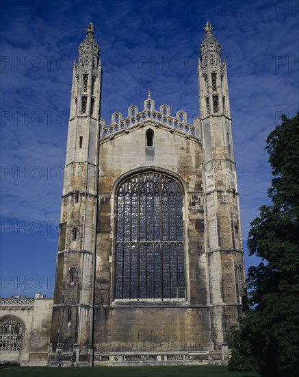EDUCATION, University, Cambridge, Kings College chapel.  Medieval exterior with stained glass window and two octagonal turrets.
