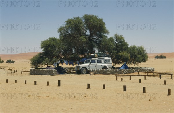 NAMIBIA, Namib Desert, Sesriem, Tourists camping under tree in the desert