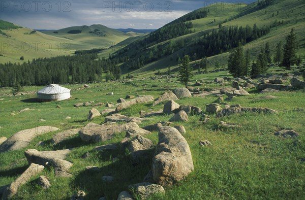 MONGOLIA, Tov, Manzshir Khiid , Mountain Ger and view of fertile valley