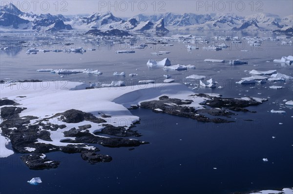 ANTARCTICA, Argentine Islands, Aerial view of the islands and ice flows