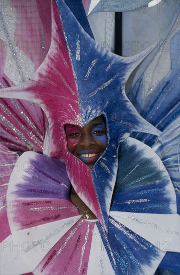 ENGLAND, London, Detail of Notting Hill carnival dancers costume and mask