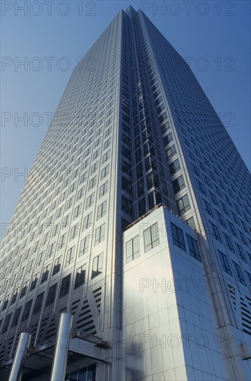 ENGLAND, London, "Canary Wharf. One Canada Square, tower viewed from the ground looking up at the tower"