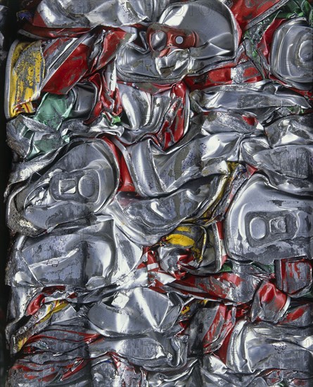 ENVIRONMENT, Recycling, Aluminium, Cans crushed into a bundle and ready for recycling