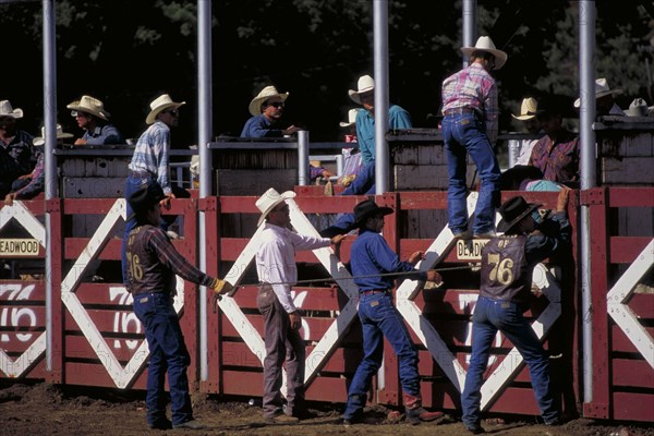 USA, South Dakota, Deadwood, Cowboys by the stalls of the Days Of 76 rodeo arena waiting to release a rider on a bull