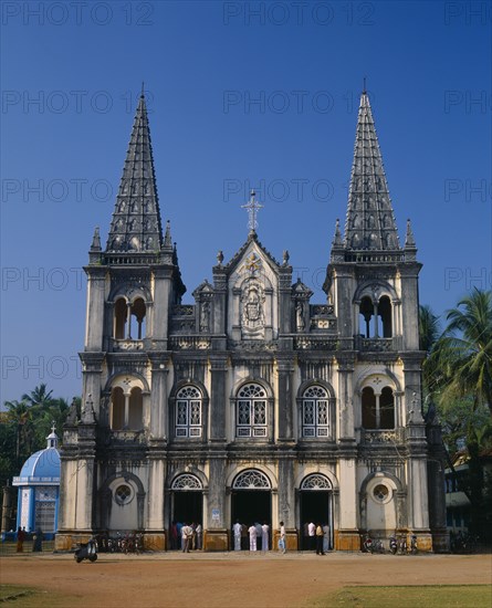 INDIA, Kerala, Fort Cochin, St Francis Church.  Oldest European built church built in 1503 by Portuguese Franciscan friars.  Exterior facade and twin spires.