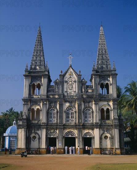 INDIA, Kerala, Fort Cochin, St Francis Church. Oldest European built church built in 1503 by Portuguese Franciscan friars. Exterior facade and twin spires.
